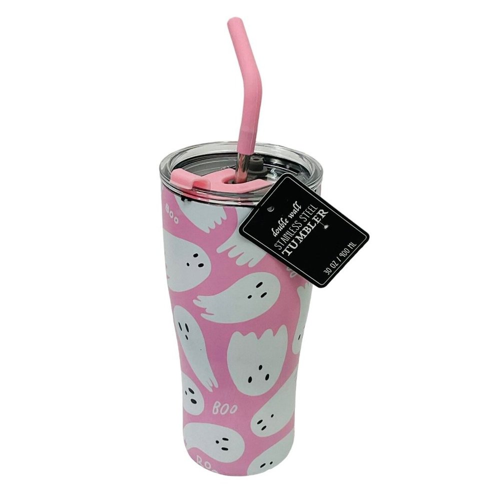 Wellness Double Wall Steel Pink Tumbler Straw 30oz Halloween Boo Ghosts